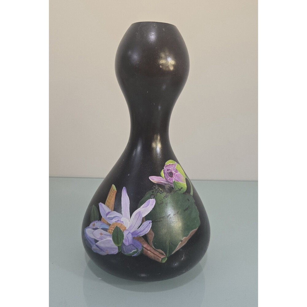Hand Painted Mango Wood Gourd Vase 12” Black Lacquer Signed Artist